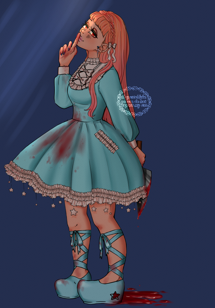 Hiyori from Code:Breaker, standing, head tilted and turned slightly to the side. Her right hand is by her face, her index finger to her lips in a shushing gesture. Her left hand is behind her back, where she's holding a knife dripping with blood. She's wearing a light blue sweet lolita dress and matching shoes. There's blood on her dress, shoes and hand, a puddle of blood at her feet. She's smiling. She's mostly in the shadow, aside from the side of her face that is lit up by rays of light. Her long coral hair is loose aside from the hair on the crown of her head that is braided to about her ear. The braid is tied off with a white bow.